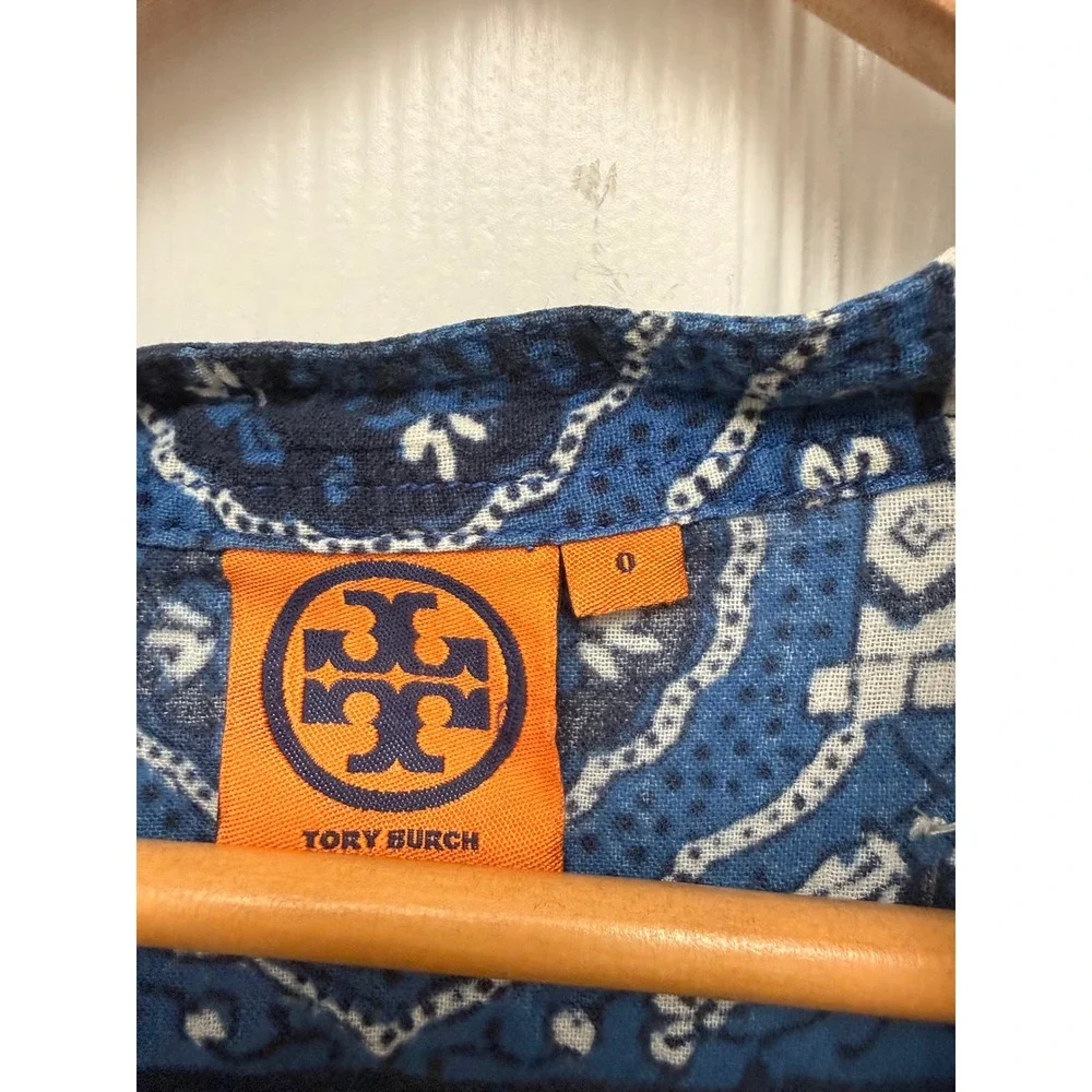 Tory Burch Blue White Medallion Tile Print Split Neck Tunic Top Size 0